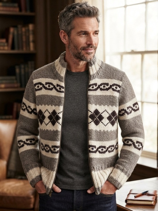 American Eagle Outfitters Other - American Eagle Outfitters Wool Alpaca Gray & Cream Patterned Zip-Up Sweater Sz M